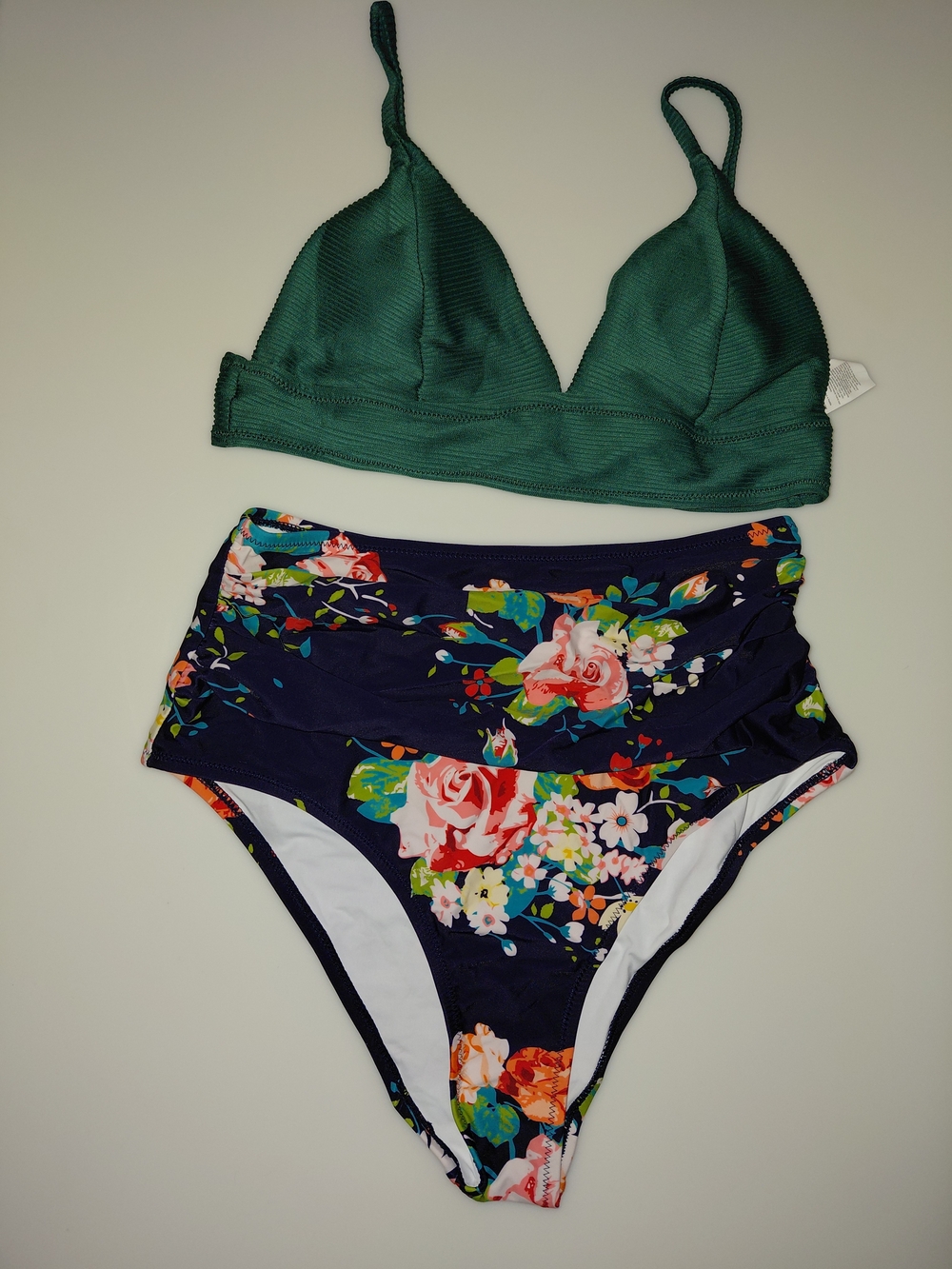 NWT SIZE M Green Ribbed Bikini Top with Navy Floral High-Waist - Women Swim